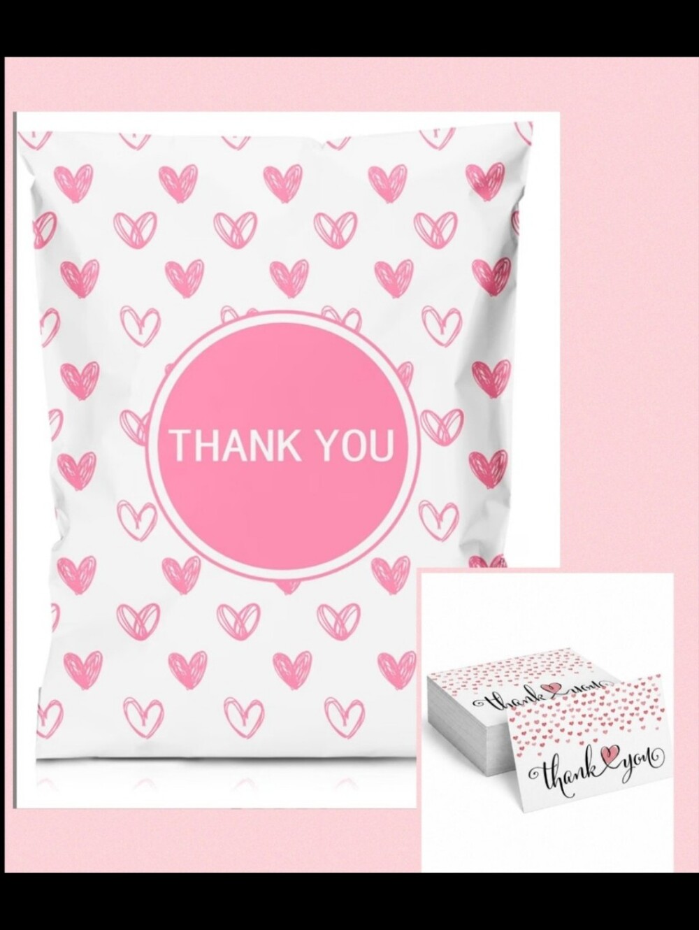 25 (6x9)Pink Heart Thank You Poly  Mailer Bag and 25 (4x6) thank you cards